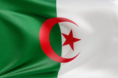 Cezayir bayrağını dokulu kumaşla sallamak, nazikçe dalgalanmak ve katlanmak, pürüzsüz, dinamik hareket ve zarif tekstil detaylarıyla özgürlüğün ve kimliğin özünü yakalamak..
