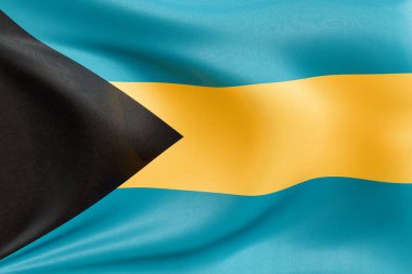 Bahamalar 'ın bayrağını dokulu kumaşla dalgalandırmak, nazikçe dalgalandırmak ve katlamak, pürüzsüz, dinamik hareket ve zarif tekstil detaylarıyla özgürlüğün ve kimliğin özünü yakalamak..