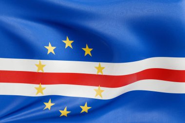 Cape Verde bayrağını dokulu kumaşla dalgalandırmak, nazikçe dalgalandırmak ve katlamak, pürüzsüz, dinamik hareket ve zarif tekstil detaylarıyla özgürlüğün ve kimliğin özünü yakalamak..
