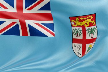 Fiji bayrağını dokulu kumaşla dalgalandırmak, nazikçe dalgalandırmak ve katlamak, pürüzsüz, dinamik hareket ve zarif tekstil detaylarıyla özgürlüğün ve kimliğin özünü yakalamak..