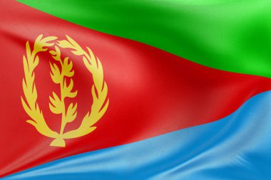 Yumuşak, dinamik hareket ve zarif tekstil detaylarıyla özgürlüğün ve kimliğin özünü yakalayan, dokulu kumaşlı Eritre bayrağını sallayan, nazikçe dalgalanan ve katlayan.