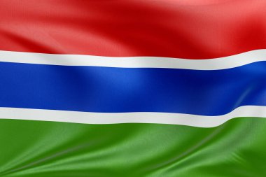 Dokulu kumaşla Gambiya bayrağı sallamak, nazikçe dalgalanmak ve katlanmak, pürüzsüz, dinamik hareket ve zarif tekstil detaylarıyla özgürlüğün ve kimliğin özünü yakalamak..