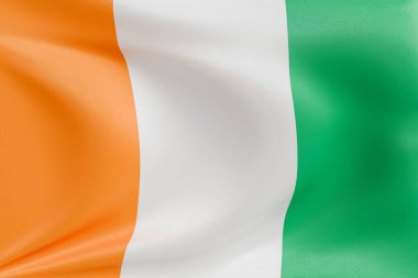 Fildişi Sahili, İrlanda 'nın bayrağını sallayan kumaşlı, nazikçe dalgalanan ve katlanan, pürüzsüz, dinamik hareket ve zarif tekstil detaylarıyla özgürlüğün ve kimliğin özünü yakalayan.