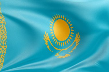 Dokulu kumaşla Kazakistan 'ın bayrağını sallamak, nazikçe dalgalanmak ve katlanmak, pürüzsüz, dinamik hareket ve zarif tekstil detaylarıyla özgürlüğün ve kimliğin özünü yakalamak..