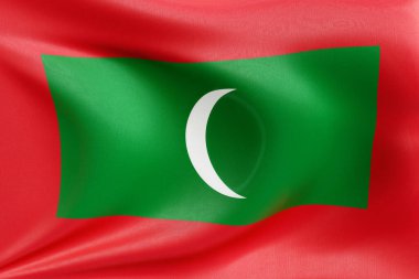 Maldivler 'in bayrağını dokulu kumaşla dalgalandırmak, nazikçe dalgalandırmak ve katlamak, pürüzsüz, dinamik hareket ve zarif tekstil detaylarıyla özgürlüğün ve kimliğin özünü yakalamak..