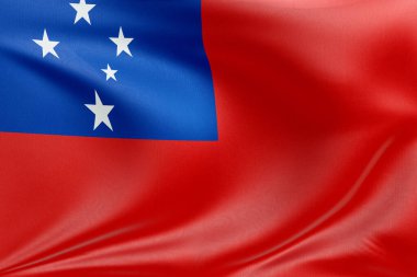 Yumuşak, dinamik hareket ve zarif tekstil detaylarıyla özgürlüğün ve kimliğin özünü yakalayan, dokulu kumaşlı, nazikçe dalgalanan ve katlanan Samoa bayrağını sallayan.