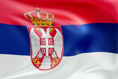 Sırbistan bayrağını dokulu kumaşla sallamak, nazikçe dalgalanmak ve katlanmak, pürüzsüz, dinamik hareket ve zarif tekstil ayrıntılarıyla özgürlük ve kimliğin özünü yakalamak.
