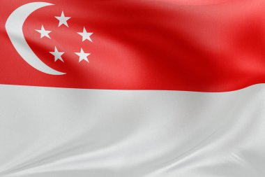 Singapur bayrağını dokulu kumaşla sallamak, nazikçe dalgalanmak ve katlanmak, pürüzsüz, dinamik hareket ve zarif tekstil detaylarıyla özgürlüğün ve kimliğin özünü yakalamak..