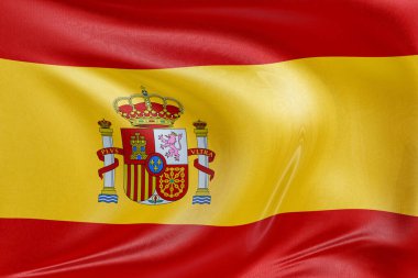 İspanya bayrağını dokulu kumaşla dalgalandırmak, nazikçe dalgalandırmak ve katlamak, pürüzsüz, dinamik hareket ve zarif tekstil detaylarıyla özgürlüğün ve kimliğin özünü yakalamak..