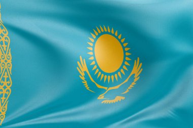 Dokulu kumaşla Kazakistan 'ın bayrağını sallamak, nazikçe dalgalanmak ve katlanmak, pürüzsüz, dinamik hareket ve zarif tekstil detaylarıyla özgürlüğün ve kimliğin özünü yakalamak..