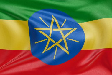 Etiyopya bayrağını dokulu kumaşla sallamak, nazikçe dalgalanmak ve katlanmak, pürüzsüz, dinamik hareket ve zarif tekstil detaylarıyla özgürlüğün ve kimliğin özünü yakalamak..