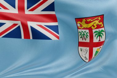 Fiji bayrağını dokulu kumaşla dalgalandırmak, nazikçe dalgalandırmak ve katlamak, pürüzsüz, dinamik hareket ve zarif tekstil detaylarıyla özgürlüğün ve kimliğin özünü yakalamak..