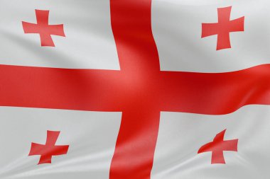 Gürcistan bayrağını dokulu kumaşla dalgalandırmak, nazikçe dalgalandırmak ve katlamak, pürüzsüz, dinamik hareket ve zarif tekstil detaylarıyla özgürlüğün ve kimliğin özünü yakalamak..
