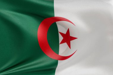 Cezayir bayrağını dokulu kumaşla sallamak, nazikçe dalgalanmak ve katlanmak, pürüzsüz, dinamik hareket ve zarif tekstil detaylarıyla özgürlüğün ve kimliğin özünü yakalamak..