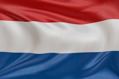 Hollanda bayrağını dokulu kumaşla sallamak, nazikçe dalgalanmak ve katlanmak, pürüzsüz, dinamik hareket ve zarif tekstil detaylarıyla özgürlüğün ve kimliğin özünü yakalamak..