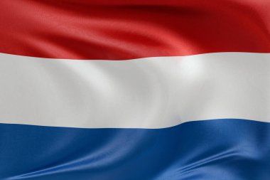 Hollanda bayrağını dokulu kumaşla sallamak, nazikçe dalgalanmak ve katlanmak, pürüzsüz, dinamik hareket ve zarif tekstil detaylarıyla özgürlüğün ve kimliğin özünü yakalamak..