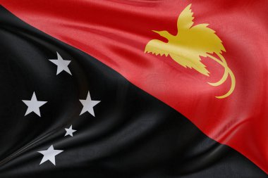 Papua Yeni Gine bayrağını dokulu kumaşla dalgalandırmak, nazikçe dalgalandırmak ve katlamak, pürüzsüz, dinamik hareket ve zarif tekstil detaylarıyla özgürlüğün ve kimliğin özünü yakalamak..
