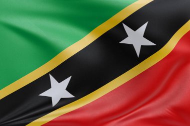 Saint Kitts 'in bayrağını sallıyor ve Nevis kumaş dokusuyla, nazikçe dalgalanıyor ve katlanıyor, pürüzsüz, dinamik hareket ve zarif tekstil detaylarıyla özgürlüğün ve kimliğin özünü yakalıyor..