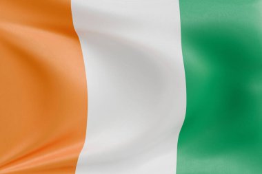 Fildişi Sahili ve İrlanda 'nın bayrağını dokulu kumaşla dalgalandırmak, nazikçe dalgalandırmak ve katlamak, pürüzsüz, dinamik hareket ve zarif tekstil detaylarıyla özgürlüğün ve kimliğin özünü yakalamak..