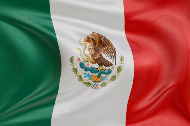 Meksika bayrağını dokulu kumaşla dalgalandırmak, nazikçe dalgalandırmak ve katlamak, pürüzsüz, dinamik hareket ve zarif tekstil detaylarıyla özgürlüğün ve kimliğin özünü yakalamak..