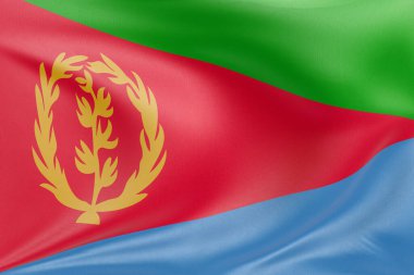 Yumuşak, dinamik hareket ve zarif tekstil detaylarıyla özgürlüğün ve kimliğin özünü yakalayan, dokulu kumaşlı Eritre bayrağını sallayan, nazikçe dalgalanan ve katlayan.