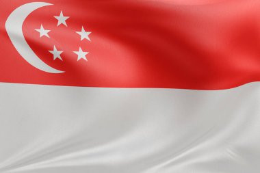 Singapur bayrağını dokulu kumaşla sallamak, nazikçe dalgalanmak ve katlanmak, pürüzsüz, dinamik hareket ve zarif tekstil detaylarıyla özgürlüğün ve kimliğin özünü yakalamak..