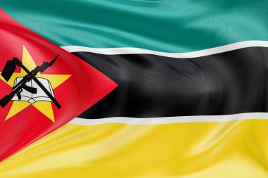 Mozambik bayrağını dokulu kumaşla dalgalandırmak, nazikçe dalgalandırmak ve katlamak, pürüzsüz, dinamik hareket ve zarif tekstil detaylarıyla özgürlüğün ve kimliğin özünü yakalamak..