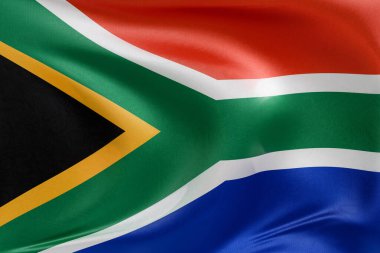 Yumuşak, dinamik hareket ve zarif tekstil detaylarıyla özgürlüğün ve kimliğin özünü yakalayan, dokulu kumaşlı, nazikçe dalgalanan ve katlanan Güney Afrika bayrağını sallayan.