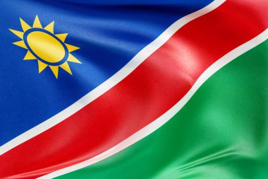 Nazikçe dalgalanan kumaşlı Namibya bayrağı, pürüzsüz, dinamik hareket ve zarif tekstil detaylarıyla özgürlüğün ve kimliğin özünü yakalıyor..
