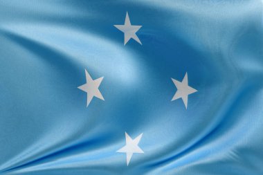 Mikronezya Eyaleti 'nin bayrağını dokulu kumaşla dalgalandırmak, nazikçe dalgalandırmak ve katlamak, pürüzsüz, dinamik hareket ve zarif tekstil detaylarıyla özgürlüğün ve kimliğin özünü yakalamak..