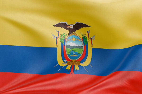 Waving flag of Ecuador with textured fabric, gently rippling and folding, capturing the essence of freedom and identity through smooth, dynamic motion and elegant textile detail.