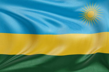 Ruanda bayrağını dokulu kumaşla sallamak, nazikçe dalgalanmak ve katlanmak, pürüzsüz, dinamik hareket ve zarif tekstil detaylarıyla özgürlüğün ve kimliğin özünü yakalamak..