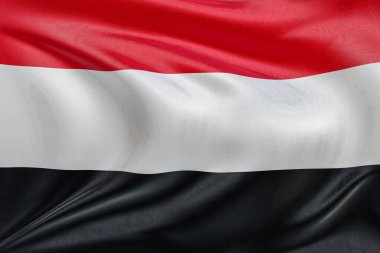 Yumuşak, dinamik hareket ve zarif tekstil detaylarıyla özgürlüğün ve kimliğin özünü yakalayan, dokulu kumaşlı Yemen bayrağını sallayan, nazikçe dalgalanan ve katlayan.