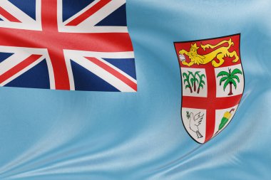 Fiji bayrağını dokulu kumaşla dalgalandırmak, nazikçe dalgalandırmak ve katlamak, pürüzsüz, dinamik hareket ve zarif tekstil detaylarıyla özgürlüğün ve kimliğin özünü yakalamak..