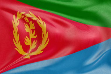 Yumuşak, dinamik hareket ve zarif tekstil detaylarıyla özgürlüğün ve kimliğin özünü yakalayan, dokulu kumaşlı Eritre bayrağını sallayan, nazikçe dalgalanan ve katlayan.