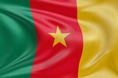 Dokulu kumaşlı Kamerun bayrağını sallamak, nazikçe dalgalanmak ve katlanmak, pürüzsüz, dinamik hareket ve zarif tekstil detaylarıyla özgürlüğün ve kimliğin özünü yakalamak..