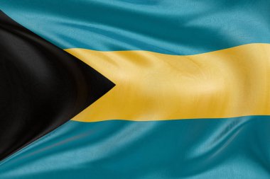 Bahamalar 'ın bayrağını dokulu kumaşla dalgalandırmak, nazikçe dalgalandırmak ve katlamak, pürüzsüz, dinamik hareket ve zarif tekstil detaylarıyla özgürlüğün ve kimliğin özünü yakalamak..