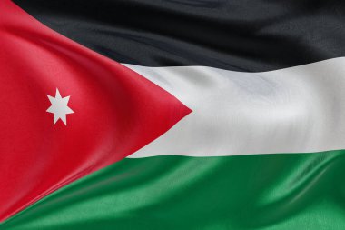 Ürdün bayrağını dokulu kumaşla dalgalandırmak, nazikçe dalgalandırmak ve katlamak, pürüzsüz, dinamik hareket ve zarif tekstil detaylarıyla özgürlüğün ve kimliğin özünü yakalamak..