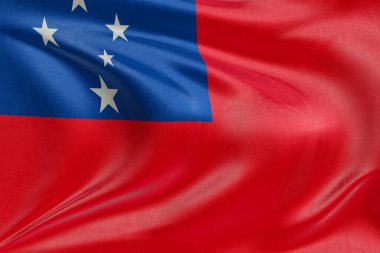 Yumuşak, dinamik hareket ve zarif tekstil detaylarıyla özgürlüğün ve kimliğin özünü yakalayan, dokulu kumaşlı, nazikçe dalgalanan ve katlanan Samoa bayrağını sallayan.