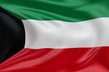 Kuveyt bayrağını dokulu kumaşla dalgalandırmak, nazikçe dalgalandırmak ve katlamak, pürüzsüz, dinamik hareket ve zarif tekstil detaylarıyla özgürlüğün ve kimliğin özünü yakalamak..