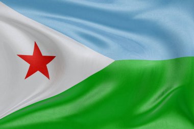 Djibouti bayrağını dokulu kumaşla sallamak, nazikçe dalgalanmak ve katlanmak, pürüzsüz, dinamik hareket ve zarif tekstil detaylarıyla özgürlüğün ve kimliğin özünü yakalamak..