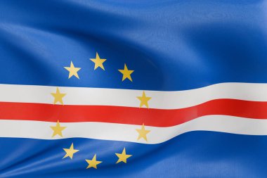 Cape Verde bayrağını dokulu kumaşla dalgalandırmak, nazikçe dalgalandırmak ve katlamak, pürüzsüz, dinamik hareket ve zarif tekstil detaylarıyla özgürlüğün ve kimliğin özünü yakalamak..