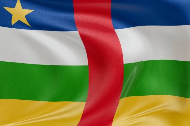 Orta Afrika Cumhuriyeti bayrağını dokulu kumaşla dalgalandırmak, nazikçe dalgalandırmak ve katlamak, pürüzsüz, dinamik hareket ve zarif tekstil detaylarıyla özgürlüğün ve kimliğin özünü yakalamak..