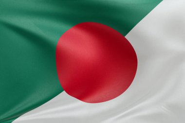 Bangladeş Japonya bayrağını dokulu kumaşla dalgalandırmak, nazikçe dalgalandırmak ve katlamak, pürüzsüz, dinamik hareket ve zarif tekstil detaylarıyla özgürlüğün ve kimliğin özünü yakalamak.