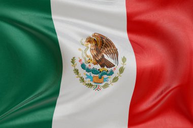 Meksika bayrağını dokulu kumaşla dalgalandırmak, nazikçe dalgalandırmak ve katlamak, pürüzsüz, dinamik hareket ve zarif tekstil detaylarıyla özgürlüğün ve kimliğin özünü yakalamak..