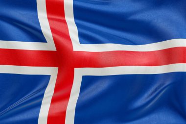 İzlanda bayrağını dokulu kumaşla sallamak, nazikçe dalgalanmak ve katlanmak, pürüzsüz, dinamik hareket ve zarif tekstil detaylarıyla özgürlüğün ve kimliğin özünü yakalamak..