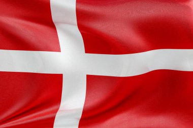 Danimarka bayrağını dokulu kumaşla sallamak, nazikçe dalgalanmak ve katlanmak, pürüzsüz, dinamik hareket ve zarif tekstil detaylarıyla özgürlüğün ve kimliğin özünü yakalamak..