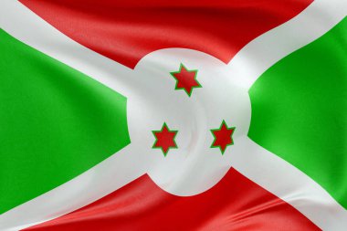 Burundi bayrağını dokulu kumaşla sallamak, nazikçe dalgalanmak ve katlanmak, pürüzsüz, dinamik hareket ve zarif tekstil detaylarıyla özgürlüğün ve kimliğin özünü yakalamak..