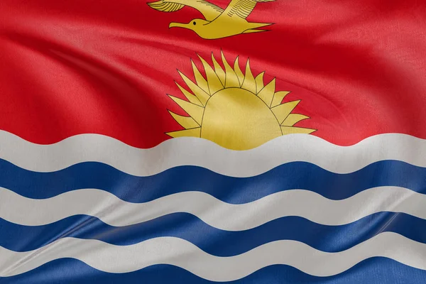 Kiribati bayrağını dokulu kumaşla sallamak, nazikçe dalgalanmak ve katlanmak, pürüzsüz, dinamik hareket ve zarif tekstil detaylarıyla özgürlüğün ve kimliğin özünü yakalamak..