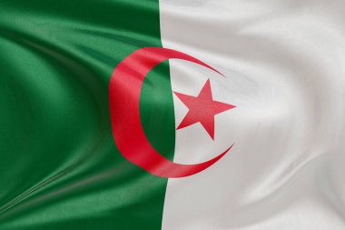 Rüzgarda dalgalanan Cezayir bayrağı, kumaş kıvrımlı ve dalgalı gerçekçi ulusal bayrak, özgürlük, birlik, miras ve vatansever kimliğin sembolü..